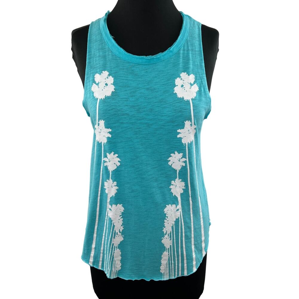 CHASER Turquoise Blue Palm Tree Sleeveless Round Neckline Cotton Tank Top Sz S